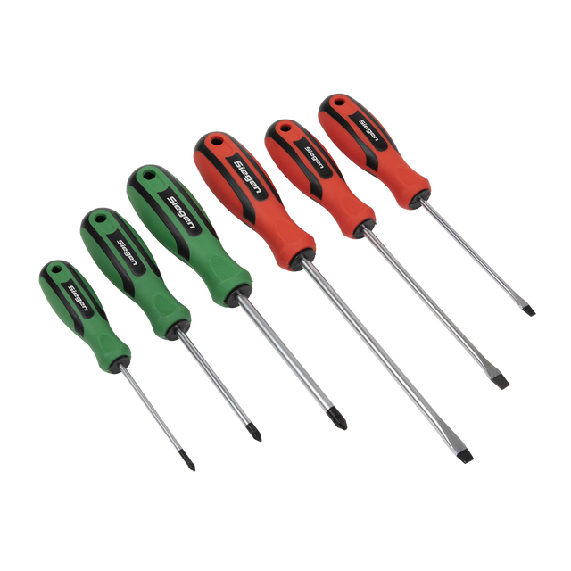 The Sealey Soft Grip Screwdriver Set 6pc - S0615 features a set of six screwdrivers, with three green-handled Phillips head screwdrivers and three red-handled flathead screwdrivers, all arranged in a row from smallest to largest. Each screwdriver comes with magnetized tips for added convenience.