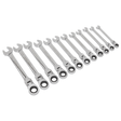 The Sealey Flexible Head Ratchet Combination Spanner Set 12pc Metric - S0635 features a collection of 12 spanners, crafted from durable Chrome Vanadium steel, arranged in sizes that range from small to large.
