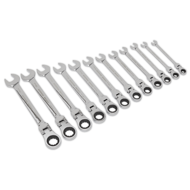The Sealey Flexible Head Ratchet Combination Spanner Set 12pc Metric - S0635 features a collection of 12 spanners, crafted from durable Chrome Vanadium steel, arranged in sizes that range from small to large.