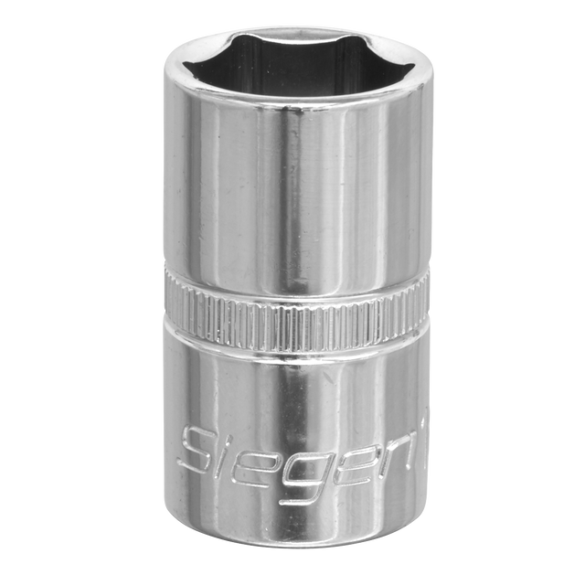 A close-up of the Sealey WallDrive® Socket 16mm 1/2"Sq Drive (S0654) featuring a knurled grip and a hexagonal opening, crafted from durable Chrome Vanadium steel.