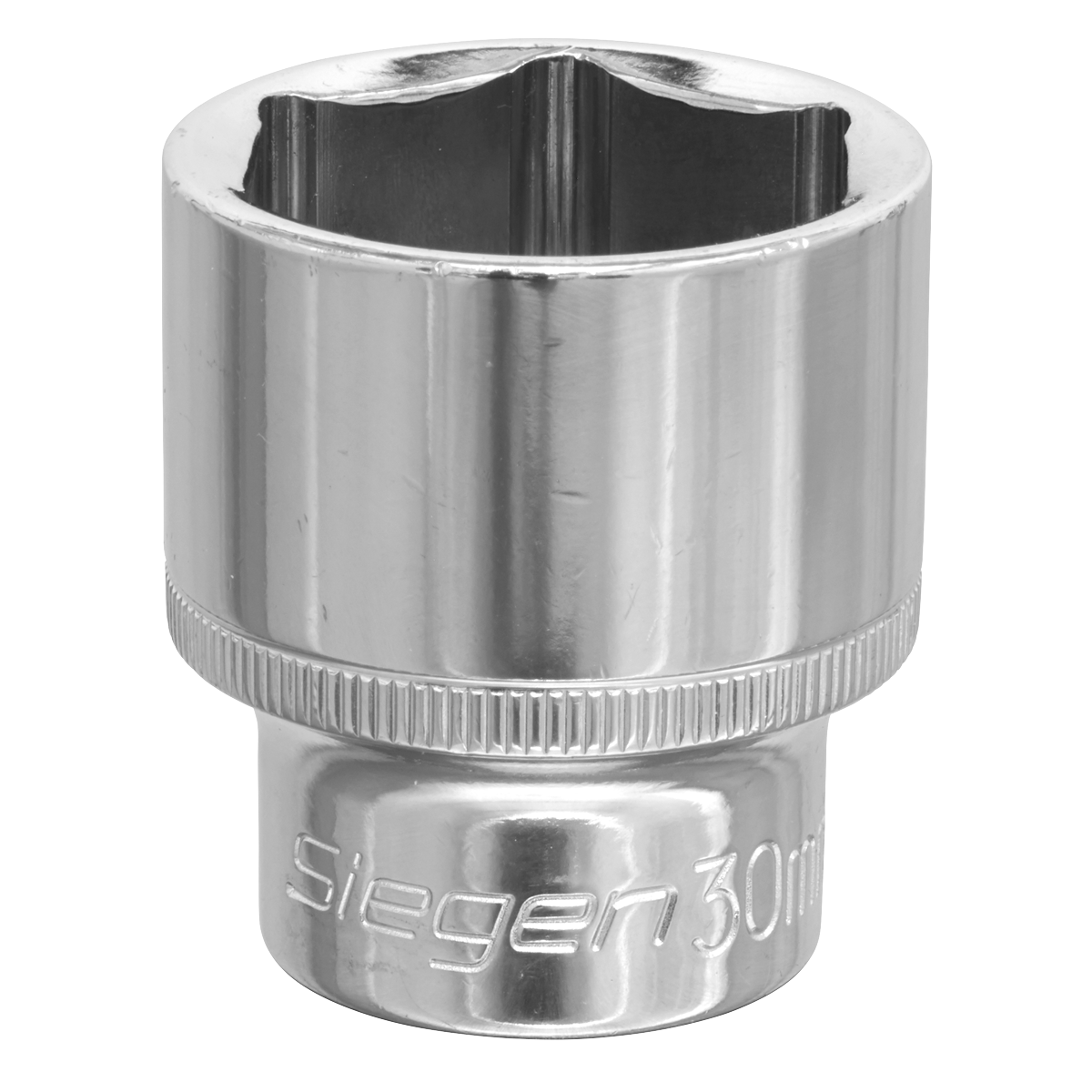 A shiny, metallic socket wrench head labeled “Sealey WallDrive® Socket 30mm 1/2"Sq Drive - S0664” with a durable Chrome Vanadium steel construction and a six-point WallDrive socket configuration.