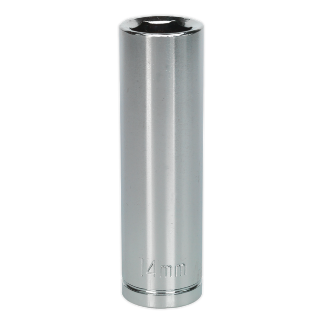 The WallDrive® Socket 14mm Deep 1/2"Sq Drive - S0670 by Sealey is a tool crafted from high-grade carbon steel, ensuring durability and performance. This chrome vanadium deep socket is part of our collection of quality tools that come with a lifetime guarantee.