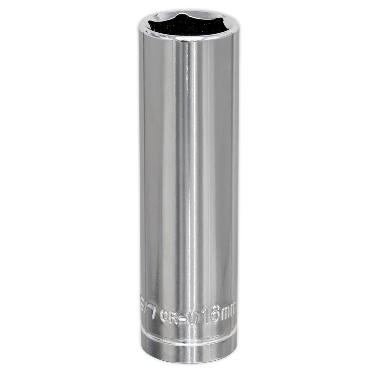 The WallDrive® Socket 16mm Deep 1/2"Sq Drive - S0672, part of the Sealey collection, is a durable tool made from high-grade carbon steel. It features a metallic body with a hexagonal opening at the top and incorporates the WallDrive® socket configuration.