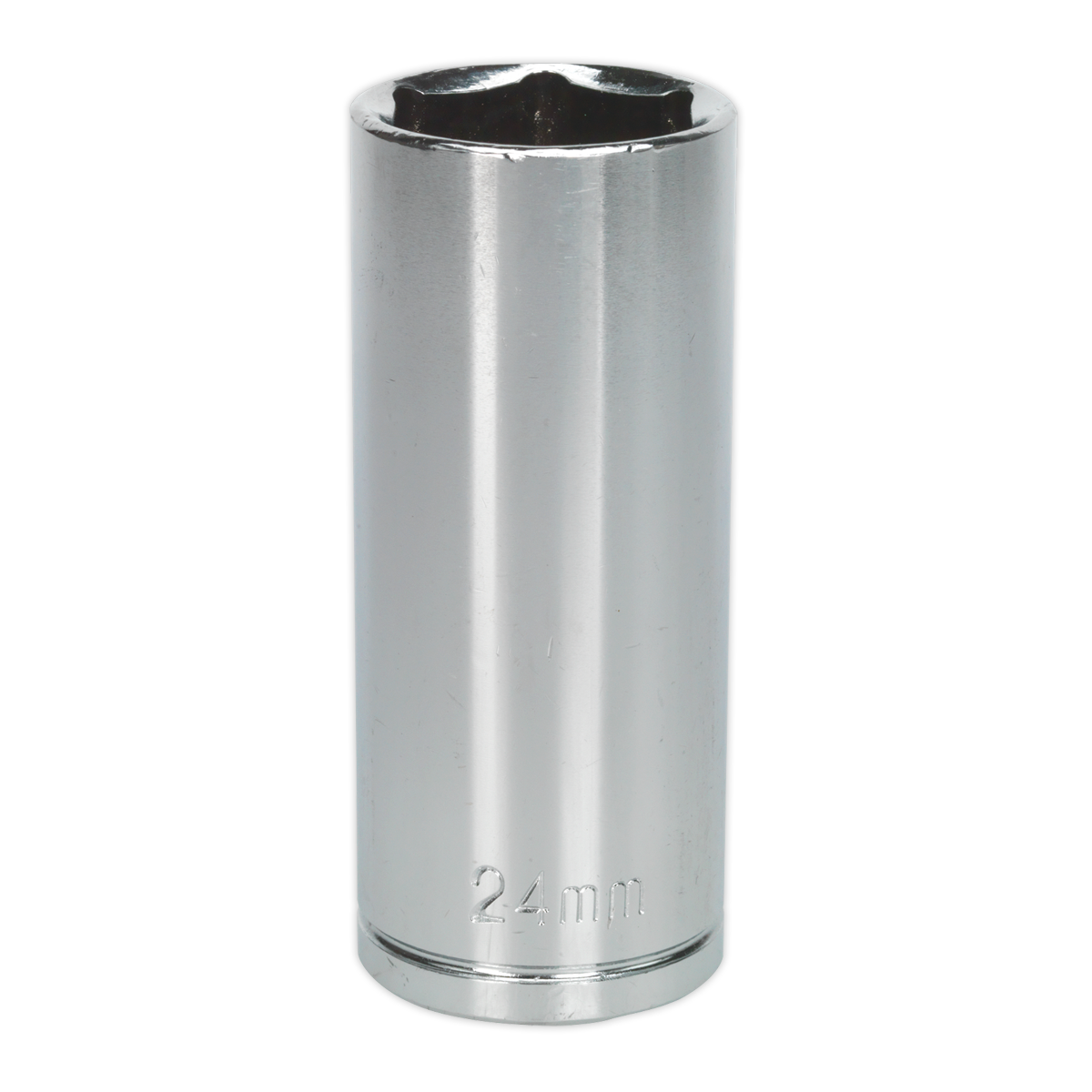 A shiny WallDrive® Socket 24mm Deep 1/2"Sq Drive - S0679, designed for fastening nuts and bolts, has "24mm" engraved on its side, indicating its size. Made from high-grade carbon steel, this durable tool is part of the Sealey range.