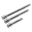 Three horizontally arranged extension bars of varying lengths, made from durable Chrome Vanadium steel, are part of the Sealey Extension Bar Set 3pc 3/8"Sq Drive - S0719.