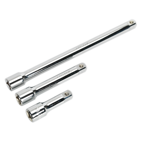The Sealey Extension Bar Set 3pc 1/2"Sq Drive - S0720, made from Chrome Vanadium steel for superior durability, includes three extension bars of varying lengths designed for use with socket wrenches. These high-quality tools are showcased against a white background.