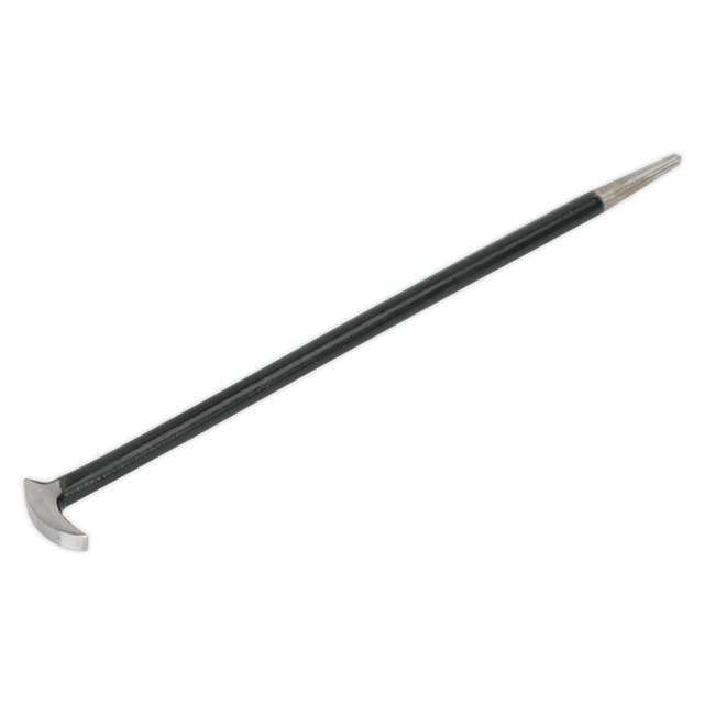 The Heel Bar 400mm - S0837, in black and silver and crafted from drop-forged steel by Sealey, features a flat, curved end and a chisel-like point on the other for precision tasks. Perfect for those seeking quality tools.