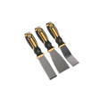 Three black and yellow putty knives of varying widths from the Sealey Scraper Set with Hammer Cap 3pc (S0856), each featuring soft grip handles, are arranged side by side with their blades facing downward.