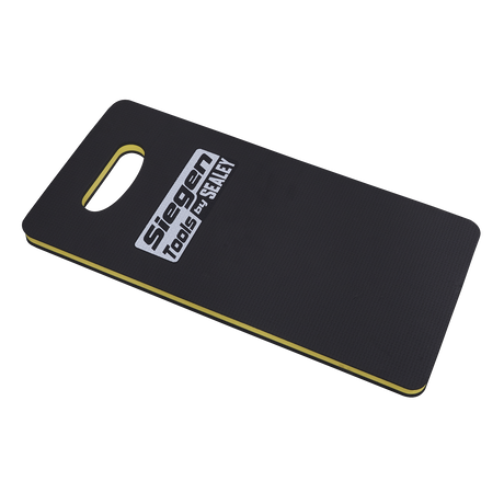 Introducing the Mechanic's Kneeling Mat EVA 22mm - S08563 by Sealey: a black and yellow mat with a convenient handle cutout, ideal for roadside repairs. It proudly features the "Siegen Tools by Sealey" logo and boasts oil and water resistance.