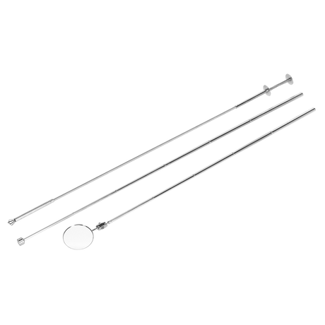 Three silver-colored telescoping inspection mirrors with handles, arranged side by side on a white background, are perfect for pairing with the Magnetic Pick-Up, Flexible Claw & Inspection Tool Set 3pc (S0949) from Sealey for thorough inspections.
