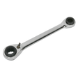 The Ratchet Ring Spanner 4-in-1 Reversible Metric (S0983) by Sealey is a double-ended wrench made of durable Chrome Vanadium steel. It features 72-Tooth ratchet rings and different-sized sockets on each end, all with a polished chrome finish, and is part of the esteemed Siegen by Sealey tools collection.