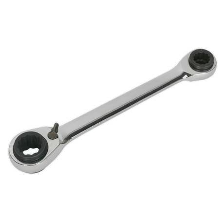 The Ratchet Ring Spanner 4-in-1 Reversible Metric (S0983) by Sealey is a double-ended wrench made of durable Chrome Vanadium steel. It features 72-Tooth ratchet rings and different-sized sockets on each end, all with a polished chrome finish, and is part of the esteemed Siegen by Sealey tools collection.