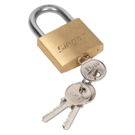 A 40mm brass body padlock labeled "Sealey" with a brass cylinder, featuring a twin bar locking mechanism and two attached keys on a keychain, product code S0987.