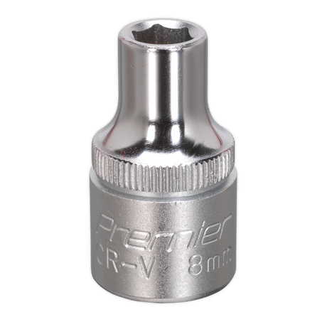 A WallDrive® Socket 8mm 1/2"Sq Drive - S1208 features "Premier CR-V" etched on its chrome finish, is made from Chrome Vanadium steel, and is designed for automotive or mechanical use. The product is offered by Sealey.