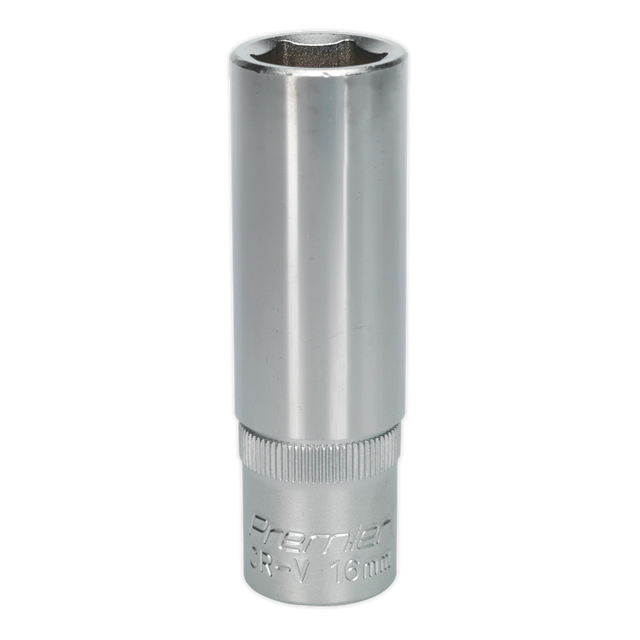 A Sealey WallDrive® Socket 16mm Deep 1/2"Sq Drive - S1216D, made from silver, cylindrical Chrome Vanadium steel with "CR-V 16mm" engraved at the base.