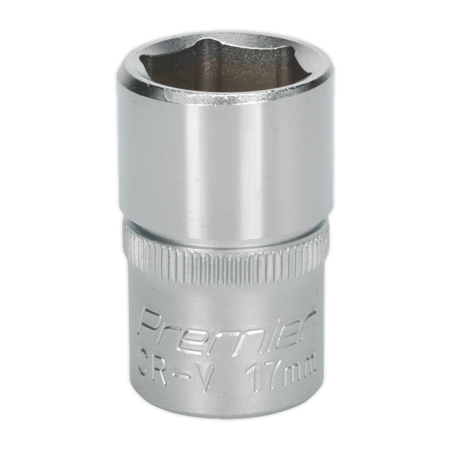 A silver, cylindrical 17mm socket with the inscription "Sealey WallDrive® S1217" on the side, made from Chrome Vanadium steel for durability and strength.