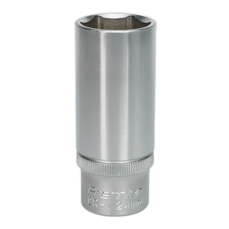 The Sealey WallDrive® Socket 24mm Deep 1/2"Sq Drive - S1224D, crafted from cold-forged Chrome Vanadium steel with "Premier CR-V 24mm" engraved near the base, features a WallDrive® socket configuration for enhanced grip.