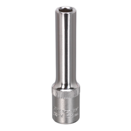 The WallDrive® Socket 5.5mm Deep 1/4"Sq Drive - S14055D by Sealey is a metallic socket wrench attachment featuring a hexagonal opening, engraved markings on its base, and constructed from durable Chrome Vanadium steel, suitable for various mechanical applications.