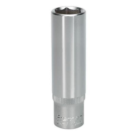 The Sealey WallDrive® Socket 13mm Deep 3/8"Sq Drive - S3813D is a chrome-plated accessory featuring a hexagonal opening and ridged detailing near the base, crafted from durable Chrome Vanadium steel for enhanced performance.