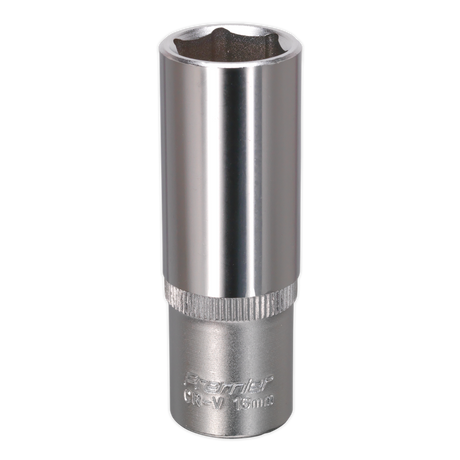 The Sealey WallDrive® Socket 16mm Deep 3/8"Sq Drive - S3816D is crafted from chrome vanadium steel and is designed for a 16mm bolt. It features the WallDrive® socket configuration and engraved markings on the side, making it a part of the Premier Hand Tools collection.