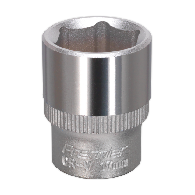 A Sealey WallDrive® Socket 17mm 3/8" Sq Drive (S3817) made from chrome vanadium steel, featuring Premier Hand Tools' six-point design.