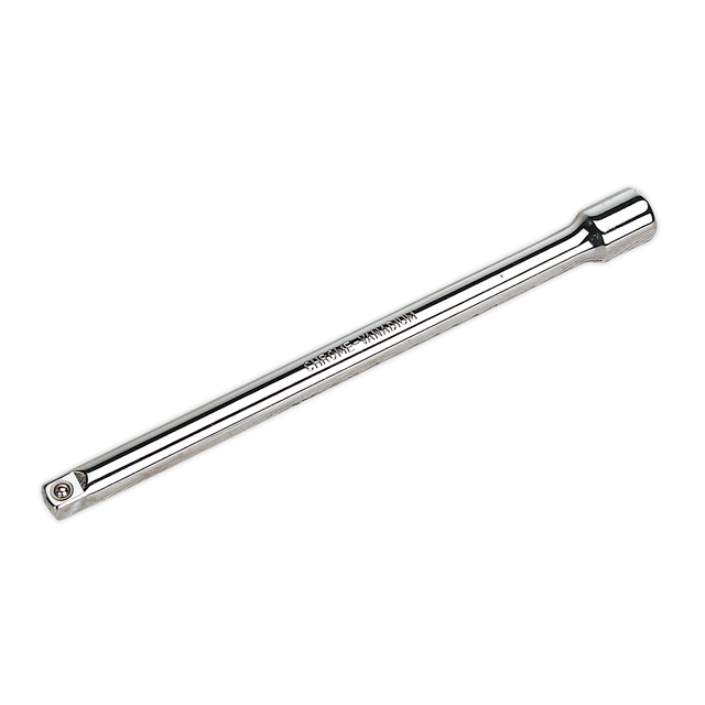 The Sealey Extension Bar 200mm 3/8"Sq Drive - S38E200, crafted from high-quality Chrome Vanadium steel with a sleek chrome finish, features one end designed to fit a ratchet and the other to hold a socket, making it ideal for professional use.