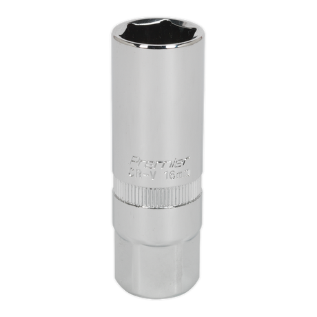 A durable socket wrench attachment made from Chrome Vanadium steel, the Spark Plug Socket 16mm 3/8"Sq Drive - S38SP10 by Sealey, is chrome-finished and comes with a lifetime guarantee.