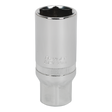 This Sealey Spark Plug Socket 21mm 3/8"Sq Drive - S38SP14 features a chrome-plated finish, a ridged grip, and a hexagonal opening. Made from durable Chrome Vanadium steel and labeled "CR-V 21mm," this Premier Hand Tool is backed by a lifetime guarantee.