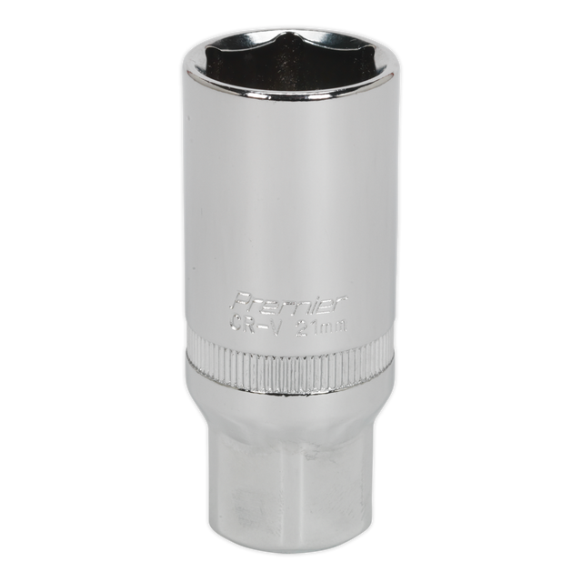 This Sealey Spark Plug Socket 21mm 3/8"Sq Drive - S38SP14 features a chrome-plated finish, a ridged grip, and a hexagonal opening. Made from durable Chrome Vanadium steel and labeled "CR-V 21mm," this Premier Hand Tool is backed by a lifetime guarantee.