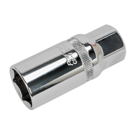 The Spark Plug Socket 21mm 3/8"Sq Drive - S38SP14 from Sealey is designed for loosening and tightening bolts, featuring a cylindrical shape with a hexagonal opening, a knurled grip, and crafted from durable Chrome Vanadium steel.