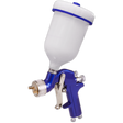 The Sealey Gravity Feed Spray Gun 1.3mm Set-Up - S713G is a blue spray gun featuring a white paint container attached at the top, specifically designed for precision in automotive refinishing. Its adjustable spray width allows for versatile application.