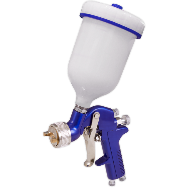 The Sealey Gravity Feed Spray Gun 1.3mm Set-Up - S713G is a blue spray gun featuring a white paint container attached at the top, specifically designed for precision in automotive refinishing. Its adjustable spray width allows for versatile application.