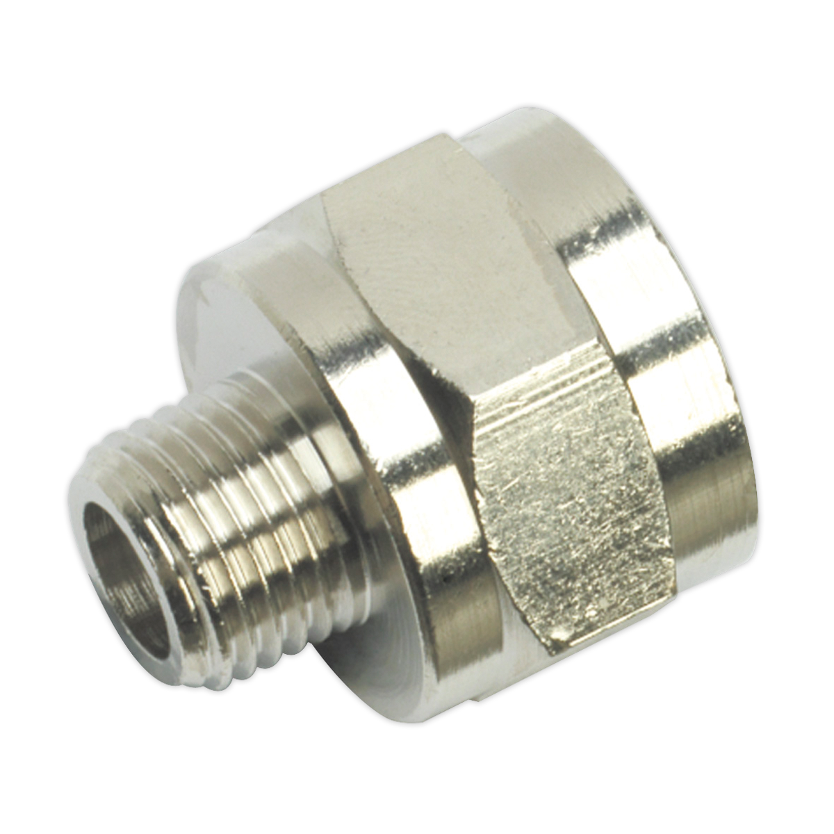 The Sealey Adaptor 1/4"BSPT Male to 1/2"BSP Female - SA1/1412F is a durable metal hexagonal male-threaded pipe fitting with a smooth, reflective finish. It is specifically designed for secure connections in fluid or gas systems, and it ensures compatibility with BSPT Male and BSP Female threads, making it versatile for various applications.