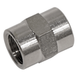 The Double Female Union 1/4"BSP to 1/4"BSP - SA1/1414FF by Sealey is a metal plumbing connector fitting that features threaded openings on both ends, used for joining two pipes.