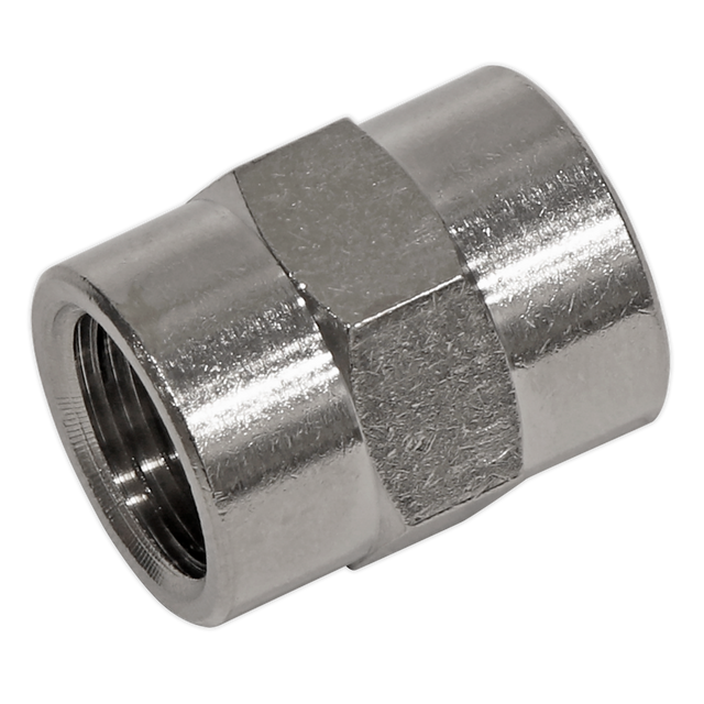 The Double Female Union 1/4"BSP to 1/4"BSP - SA1/1414FF by Sealey is a metal plumbing connector fitting that features threaded openings on both ends, used for joining two pipes.