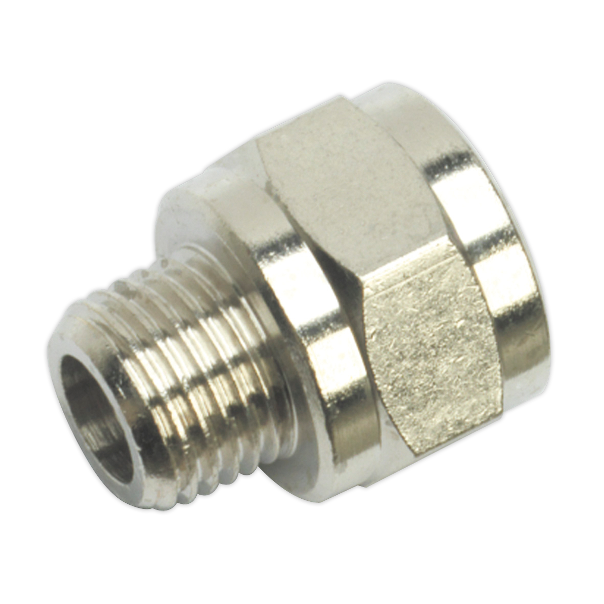 The Sealey Adaptor 1/4"BSP Male to 3/8"BSP Female (SA1/1438F) is a metallic hexagonal connector featuring a threaded male end, designed for use in plumbing, air tools, and various industrial applications.