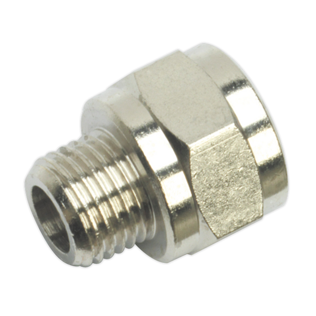 The Sealey Adaptor 1/4"BSP Male to 3/8"BSP Female (SA1/1438F) is a metallic hexagonal connector featuring a threaded male end, designed for use in plumbing, air tools, and various industrial applications.