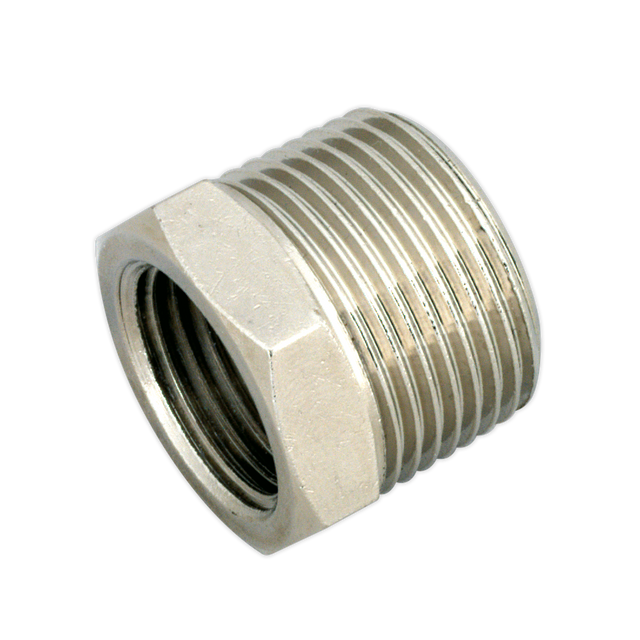 The Sealey Adaptor 3/4"BSPT Male to 1/2"BSP Female - SA1/3412F features a hexagonal head and a cylindrical body, providing an effective solution for adapting different pipe sizes in various piping systems.