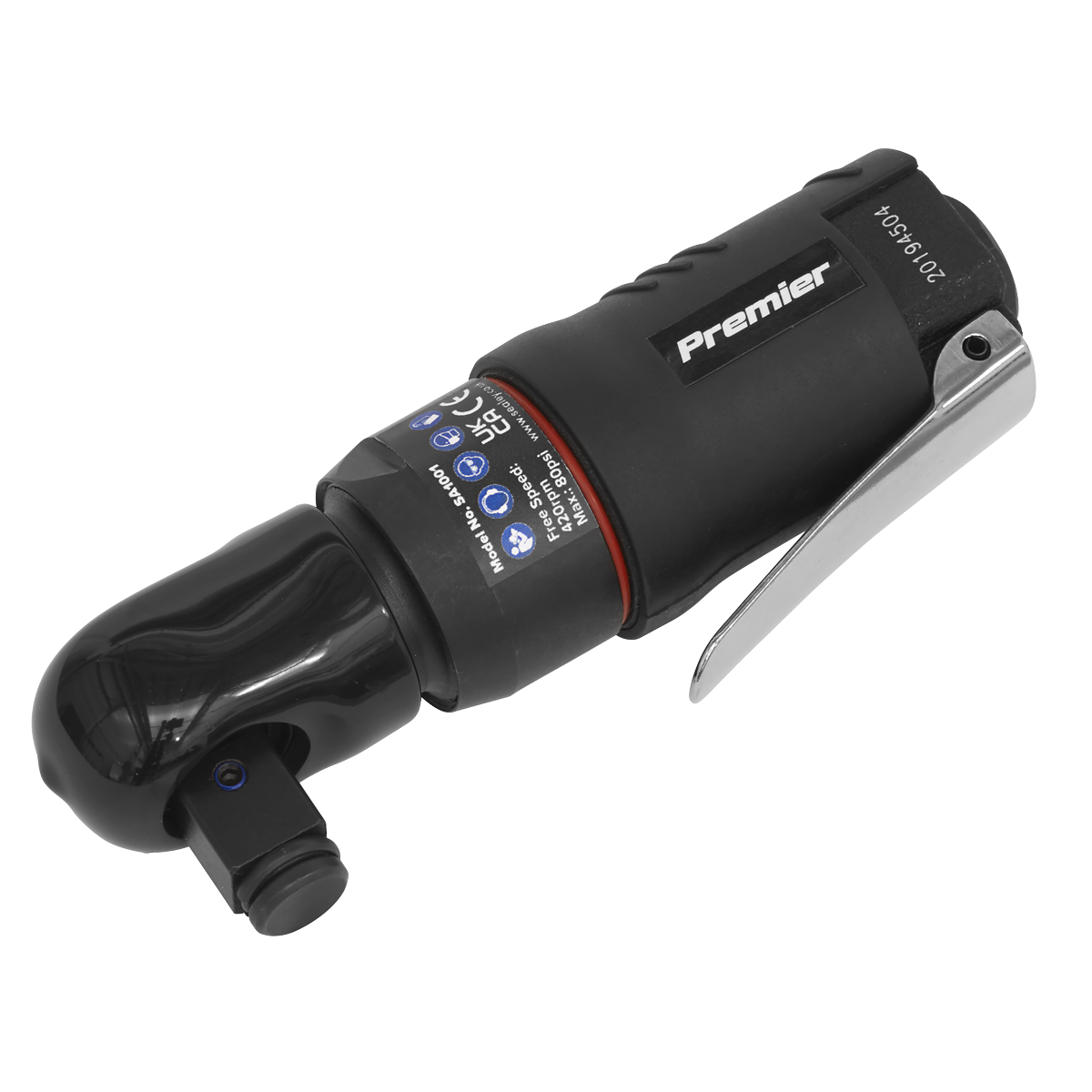 The 2-in-1 Mini Air Ratchet Wrench 1/4" & 1/2" Sq Drive - SA1001 by Sealey is a black pneumatic tool featuring a silver lever, various markings, and a contoured composite handle labeled "Premier." Its mini design and twist-reverse action make it versatile and easy to use.