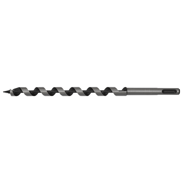 The Sealey SDS Plus Auger Wood Drill Ø13 x 235mm - SA13X235 is a long, metallic drill bit featuring a spiral groove and screw point, engineered for cutting through wood or other materials.