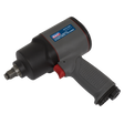 A black and gray Air Impact Wrench 1/2"Sq Drive Composite - Twin Hammer (model SA201) by Sealey, featuring a textured handle, constructed from composite materials, and displaying the manufacturer's logo on the side.