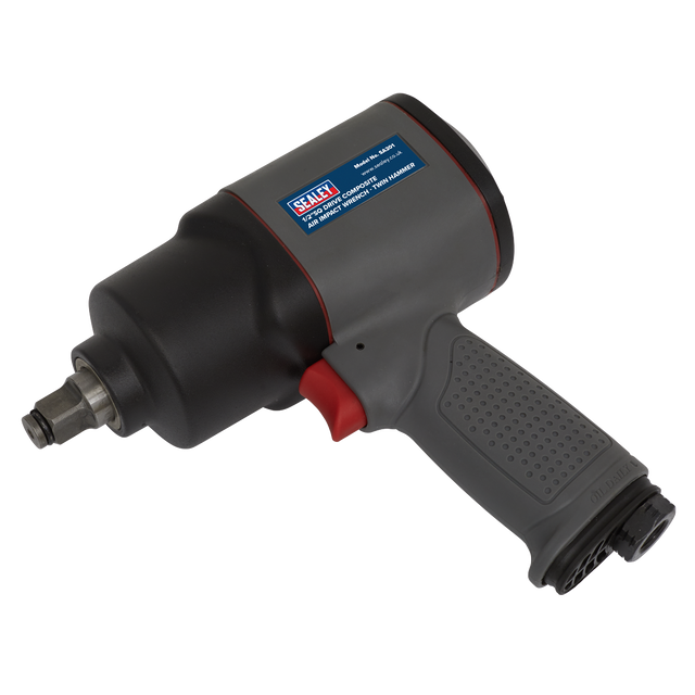 A black and gray Air Impact Wrench 1/2"Sq Drive Composite - Twin Hammer (model SA201) by Sealey, featuring a textured handle, constructed from composite materials, and displaying the manufacturer's logo on the side.