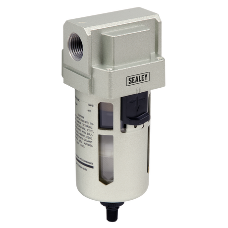 The Sealey Air Filter Auto Drain Max Airflow 140cfm - SA206FAD features a metallic build, clear viewing window, adjustment knob, and connection ports for industrial workshop air supply. Ideal for high-volume applications, it ensures optimal performance.