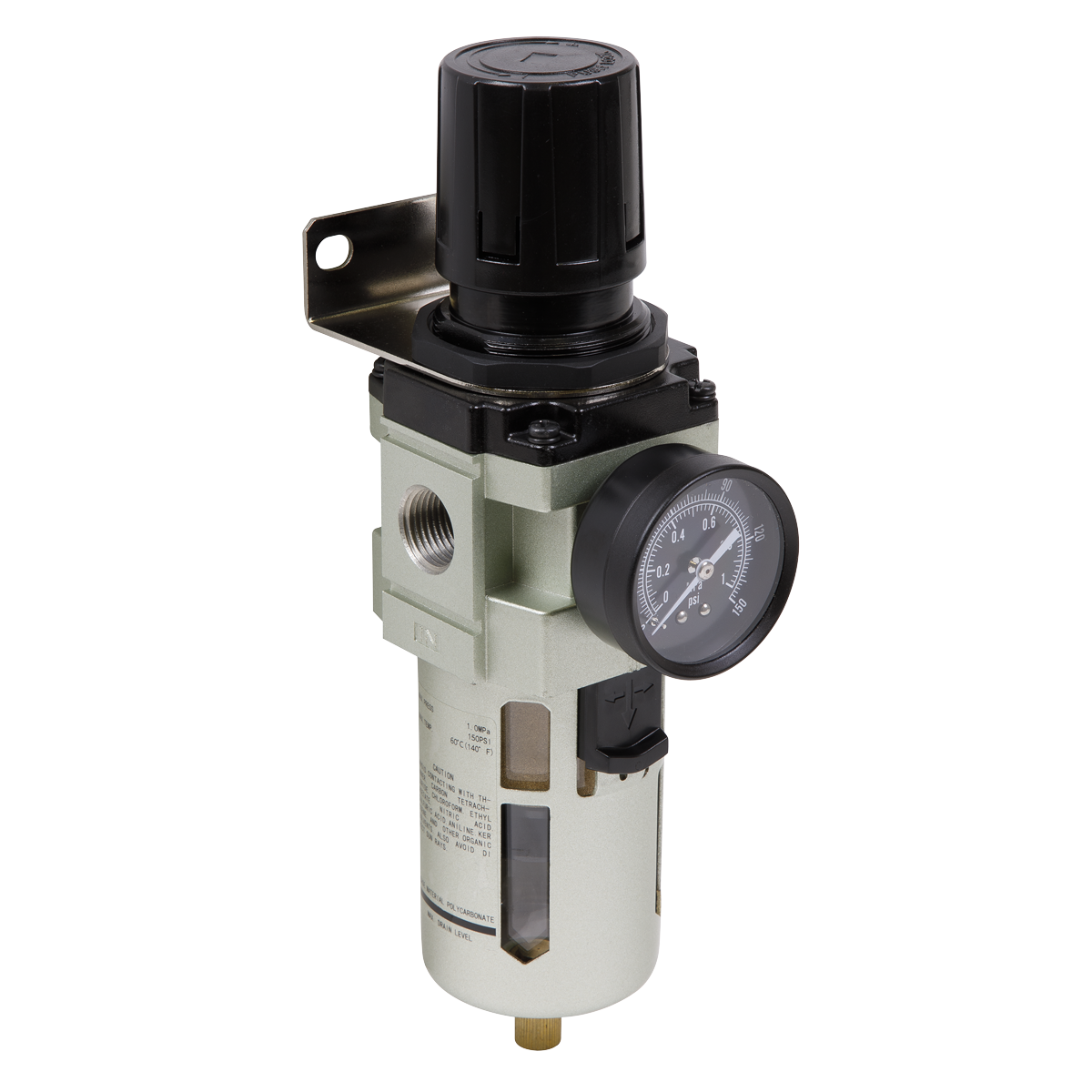 The Sealey Air Filter/Regulator Max Airflow 140cfm - SA206FR is a pneumatic air regulator assembly with an attached pressure gauge and metal mounting bracket, designed to control and filter compressed air flow in an industrial workshop.