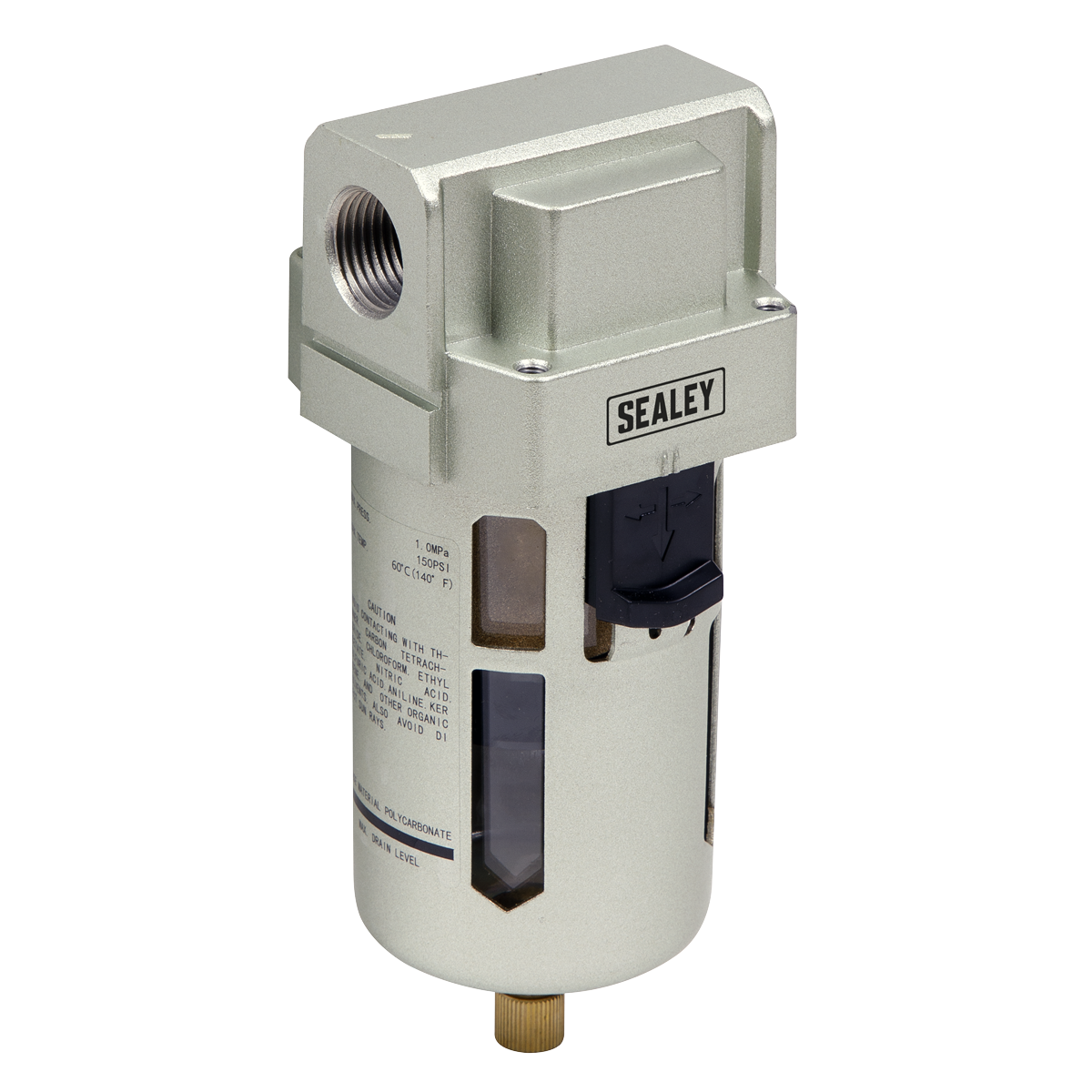 Here's a revised version of the sentence using the provided product data:
A silver and black Sealey air filter, model SA206F, featuring labeled specifications, an attached pressure gauge, and a polycarbonate bowl designed for pneumatic systems in an industrial workshop air supply with a maximum airflow of 140 cfm.