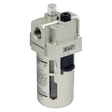 The Sealey Air Lubricator Max Airflow 175cfm - SA206L is ideal for high-volume applications in an industrial workshop. It features various fittings and a transparent section for monitoring fluid levels and oil/air mix control.