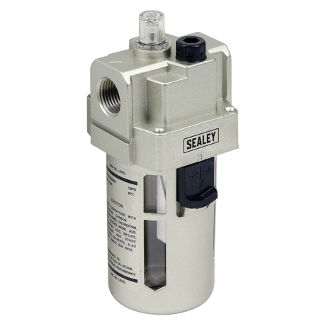 The Sealey Air Lubricator Max Airflow 175cfm - SA206L is ideal for high-volume applications in an industrial workshop. It features various fittings and a transparent section for monitoring fluid levels and oil/air mix control.