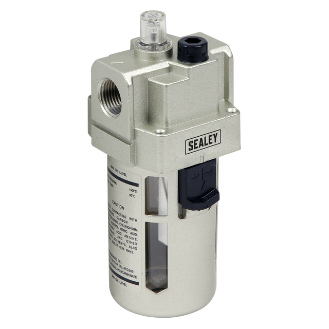 The Sealey Air Lubricator Max Airflow 175cfm - SA206L is ideal for high-volume applications in an industrial workshop. It features various fittings and a transparent section for monitoring fluid levels and oil/air mix control.