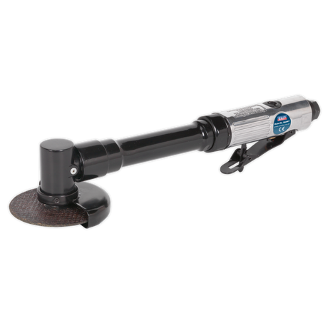 A black and silver Sealey Air Cut-Off Tool Ø75mm Long Reach - SA2501, featuring a disc attachment, extended reach cut-off tool capability, and a safety lever on the handle.