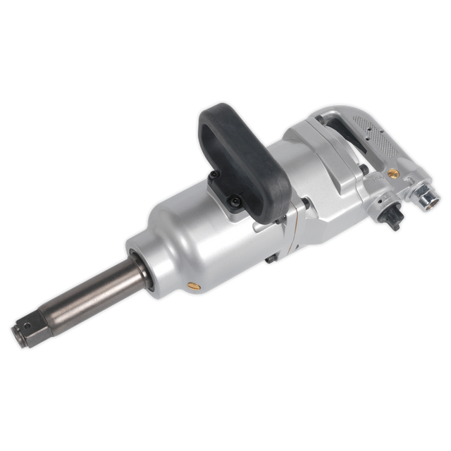 The Sealey Air Impact Wrench 1" Sq Drive Straight Long Anvil - SA29/S is a silver pneumatic tool with a black handle attachment, featuring impressive breakaway torque, designed for heavy-duty applications.